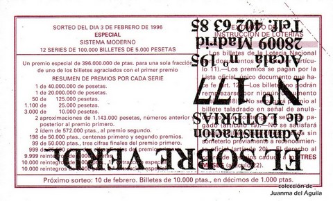 Reverso décimo de Lotería 1996 / 10