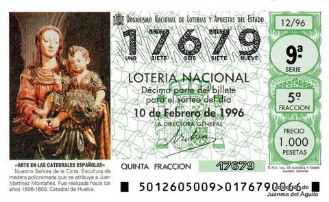 Décimo de Lotería Nacional de 1996 Sorteo 12 - «ARTE EN LAS CATEDRALES ESPAÑOLAS». NUESTRA SRA. DE LA CINTA