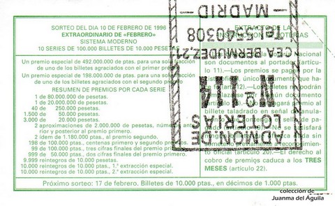 Reverso del décimo de Lotería Nacional de 1996 Sorteo 12