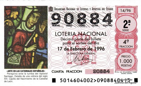 Décimo de Lotería Nacional de 1996 Sorteo 14 - «ARTE EN LAS CATEDRALES ESPAÑOLAS». DETALLE DE UNA VIDRIERA DEL SIGLO XIII. CATEDRAL DE LEÓN