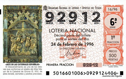 Décimo de Lotería Nacional de 1996 Sorteo 16 - «ARTE EN LAS CATEDRALES ESPAÑOLAS». «EL DESCENDIMIENTO», ALTAR MAYOR DE LA CATEDRAL DE GIRONA