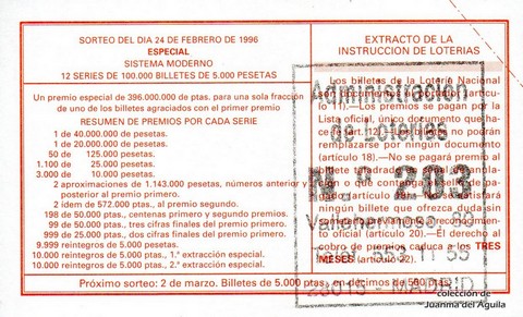 Reverso del décimo de Lotería Nacional de 1996 Sorteo 16