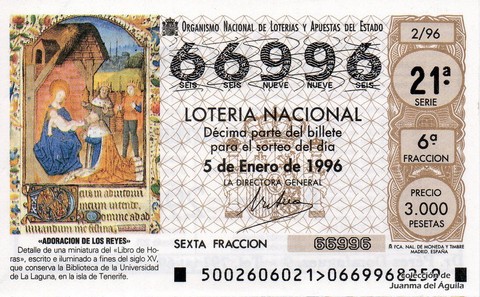 Décimo de Lotería Nacional de 1996 Sorteo 2 - «ADORACION DE LOS REYES»