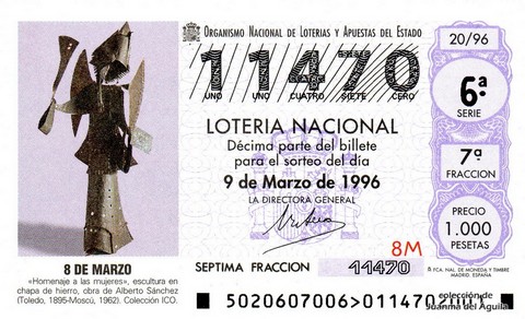 Décimo de Lotería Nacional de 1996 Sorteo 20 - 8 DE MARZO
