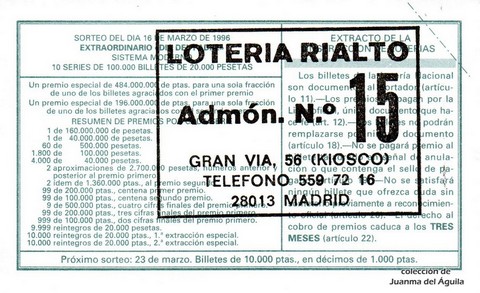 Reverso del décimo de Lotería Nacional de 1996 Sorteo 22