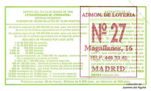 Reverso del décimo de Lotería Nacional de 1996 Sorteo 24
