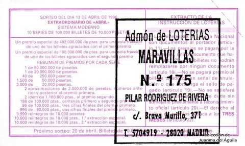 Reverso del décimo de Lotería Nacional de 1996 Sorteo 30