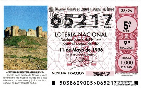 Décimo de Lotería Nacional de 1996 Sorteo 38 - «CASTILLO DE MONTEARAGON-HUESCA»