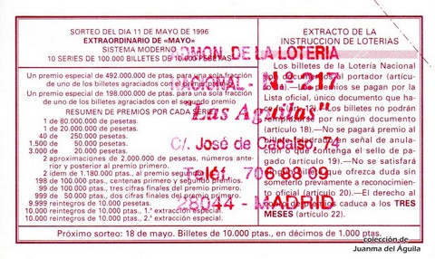 Reverso del décimo de Lotería Nacional de 1996 Sorteo 38