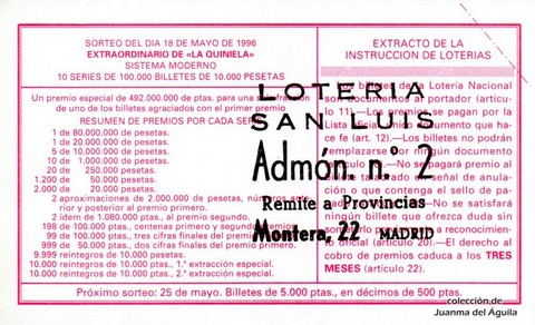 Reverso del décimo de Lotería Nacional de 1996 Sorteo 40