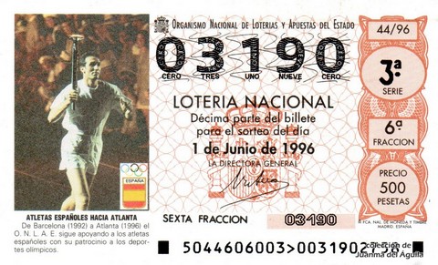 Décimo de Lotería Nacional de 1996 Sorteo 44 - ATLETAS ESPAÑOLES HACIA ATLANTA