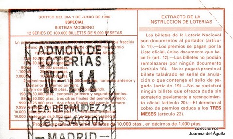 Reverso décimo de Lotería 1996 / 44