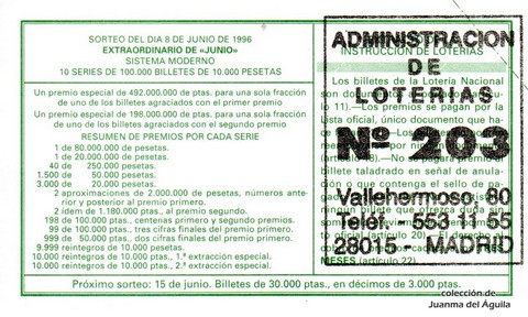 Reverso del décimo de Lotería Nacional de 1996 Sorteo 46