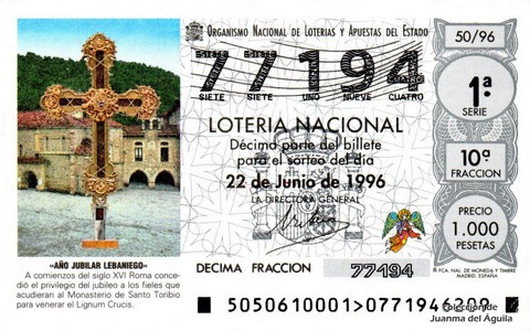 Décimo de Lotería Nacional de 1996 Sorteo 50 - «AÑO JUBILAR LEBANIEGO»