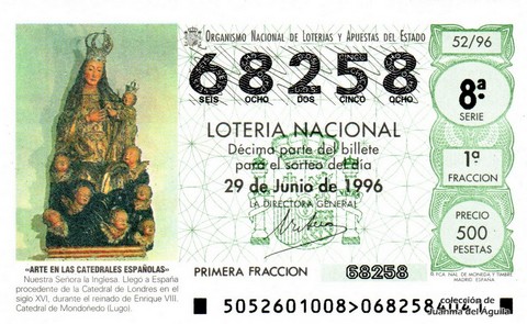 Décimo de Lotería Nacional de 1996 Sorteo 52 - «ARTE EN LAS CATEDRALES ESPAÑOLAS». NUESTRA SEÑORA LA INGLESA