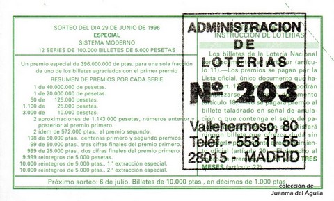 Reverso décimo de Lotería 1996 / 52