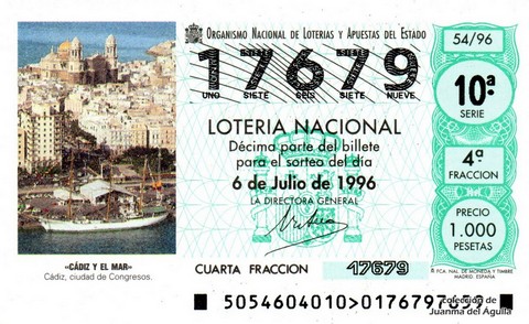 Décimo de Lotería Nacional de 1996 Sorteo 54 - «CÁDIZ Y EL MAR»