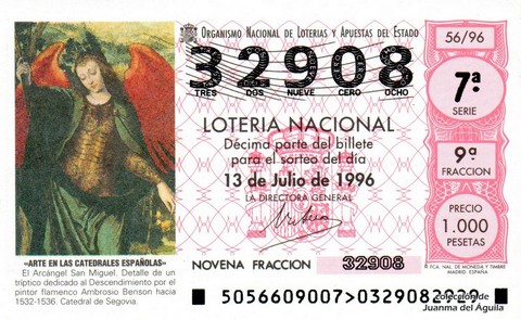 Décimo de Lotería Nacional de 1996 Sorteo 56 - «ARTE EN LAS CATEDRALES ESPAÑOLAS». EL ARCÁNGEL SAN MIGUEL