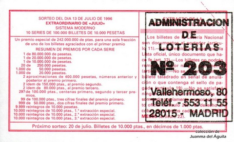 Reverso del décimo de Lotería Nacional de 1996 Sorteo 56