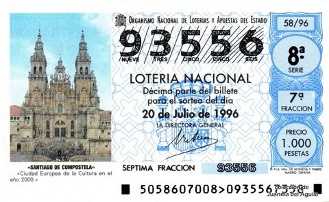 Décimo de Lotería Nacional de 1996 Sorteo 58 - «SANTIAGO DE COMPOSTELA»