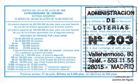 Reverso del décimo de Lotería Nacional de 1996 Sorteo 58