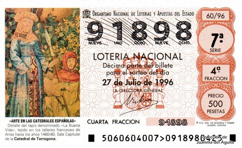 Décimo de Lotería Nacional de 1996 Sorteo 60 - «ARTE EN LAS CATEDRALES ESPAÑOLAS». DETALLE DEL TAPIZ DENOMINADO «LA BUENA VIDA»