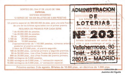 Reverso del décimo de Lotería Nacional de 1996 Sorteo 60