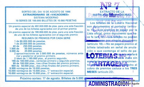 Reverso del décimo de Lotería Nacional de 1996 Sorteo 64