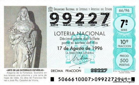 Décimo de Lotería Nacional de 1996 Sorteo 66 - «ARTE EN LAS CATEDRALES ESPAÑOLAS». ALEGORÍA DE LA FORTALEZA