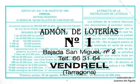 Reverso del décimo de Lotería Nacional de 1996 Sorteo 66