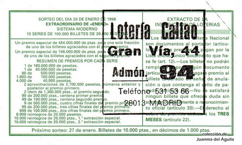 Reverso del décimo de Lotería Nacional de 1996 Sorteo 6