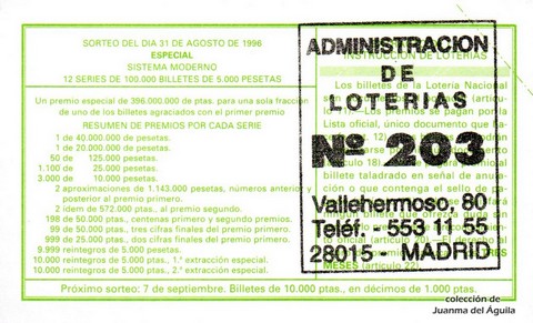 Reverso del décimo de Lotería Nacional de 1996 Sorteo 70