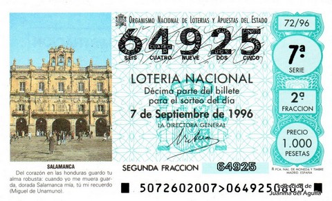 Décimo de Lotería Nacional de 1996 Sorteo 72 - SALAMANCA