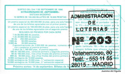 Reverso del décimo de Lotería Nacional de 1996 Sorteo 72
