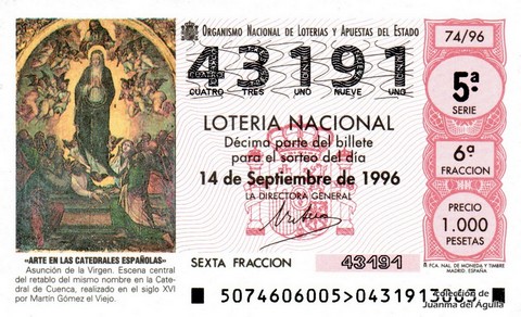 Décimo de Lotería Nacional de 1996 Sorteo 74 - «ARTE EN LAS CATEDRALES ESPAÑOLAS». ASUNCIÓN DE LA VIRGEN (S. XVI)