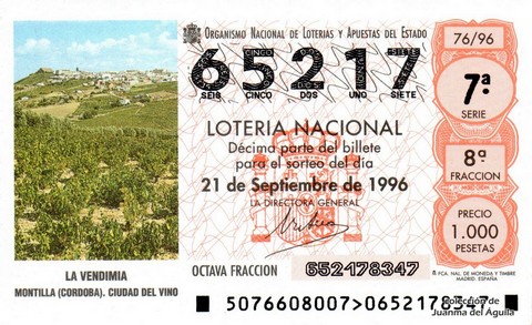 Décimo de Lotería Nacional de 1996 Sorteo 76 - LA VENDIMIA