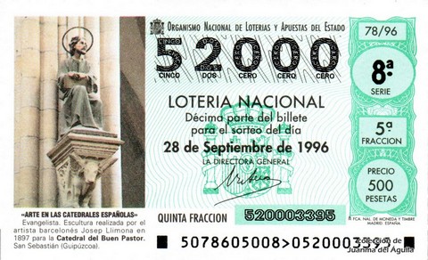 Décimo de Lotería Nacional de 1996 Sorteo 78 - «ARTE EN LAS CATEDRALES ESPAÑOLAS». EVANGELISTA.