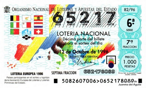 Décimo de Lotería Nacional de 1996 Sorteo 82 - LOTERIA EUROPEA 1996