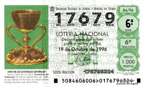 Décimo de Lotería Nacional de 1996 Sorteo 84 - «ARTE EN LAS CATEDRALES ESPAÑOLAS». SANTO CÁLIZ DE LA CENA