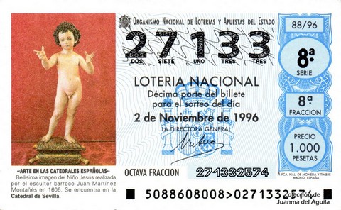 Décimo de Lotería Nacional de 1996 Sorteo 88 - «ARTE EN LAS CATEDRALES ESPAÑOLAS». IMAGEN DEL NIÑO JESÚS