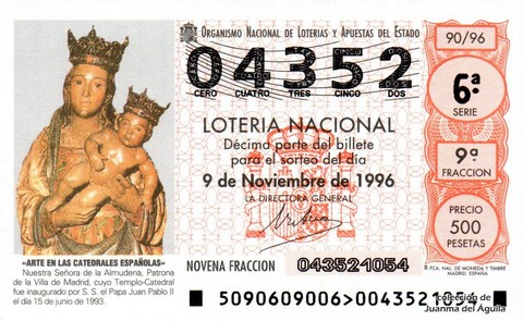 Décimo de Lotería Nacional de 1996 Sorteo 90 - «ARTE EN LAS CATEDRALES ESPAÑOLAS». NUESTRA SEÑORA DE LA ALMUDENA