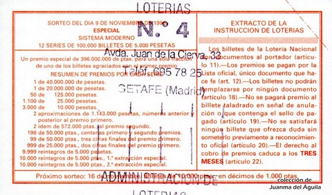 Reverso del décimo de Lotería Nacional de 1996 Sorteo 90