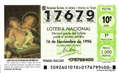 Décimo de Lotería Nacional de 1996 Sorteo 92 - «ARTE EN LAS CATEDRALES ESPAÑOLAS». SAN JOSÉ CON EL NIÑO