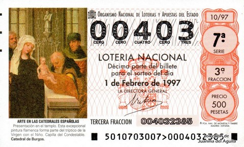 Décimo de Lotería Nacional de 1997 Sorteo 10 - ARTE EN LAS CATEDRALES ESPAÑOLAS - PRESENTACIÓN EN EL TEMPLO