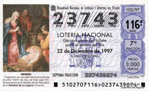 Décimo de Lotería Nacional de 1997 Sorteo 102 - «NAVIDAD»