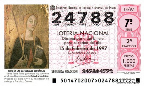Décimo de Lotería Nacional de 1997 Sorteo 14 - ARTE EN LAS CATEDRALES ESPAÑOLAS - SANTA TECLA