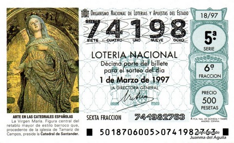 Décimo de Lotería Nacional de 1997 Sorteo 18 - ARTE EN LAS CATEDRALES ESPAÑOLAS - LA VIRGEN MARÍA