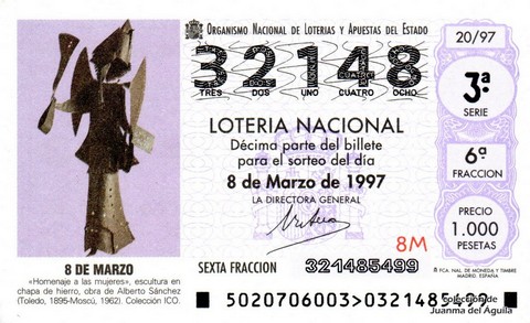 Décimo de Lotería Nacional de 1997 Sorteo 20 - 8 DE MARZO