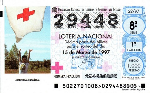 Décimo de Lotería Nacional de 1997 Sorteo 22 - «CRUZ ROJA ESPAÑOLA»
