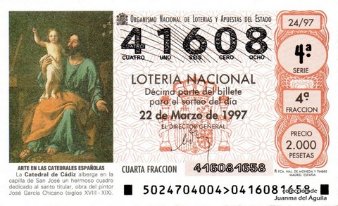 Décimo de Lotería Nacional de 1997 Sorteo 24 - ARTE EN LAS CATEDRALES ESPAÑOLAS - CUADRO DE SAN JOSÉ EN LA CATEDRAL DE CÁDIZ